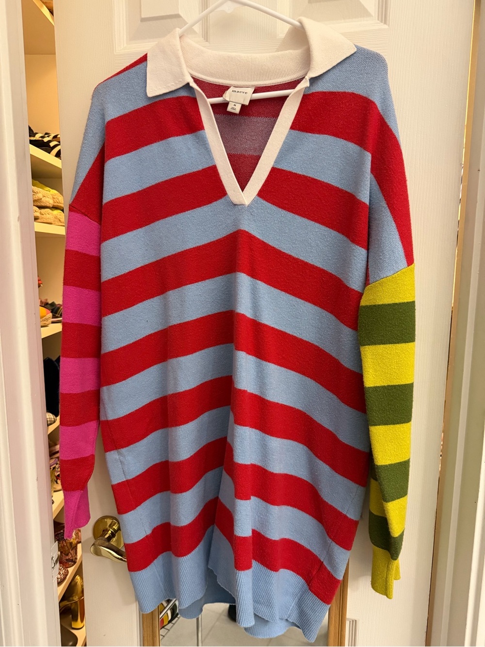 Anthropologie MaeveColorblock ruby Striped V-Neck polo Sweater dress- Multicolor